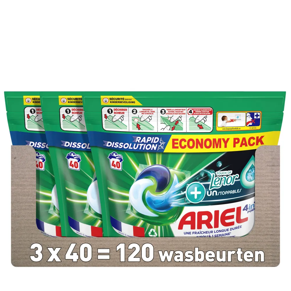 Outlet Ariel Pods+ Vloeibaar Wasmiddelcapsules + Touch Van Lenor Unst Color - 3 X 40 Wasbeurten - 120 Wasbeurten