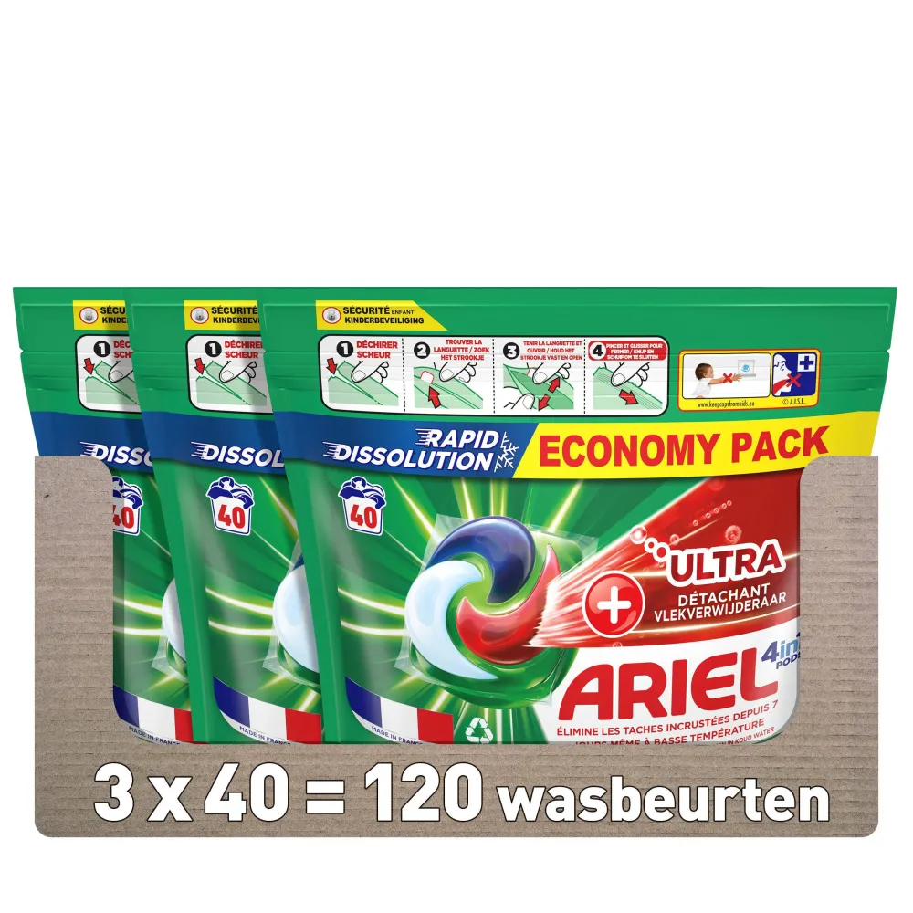 Outlet Ariel Pods+ Vloeibaar Wasmiddelcapsules + Ultra Vlekverwijderaar - 3 X 40 Wasbeurten - 120 Wasbeurten