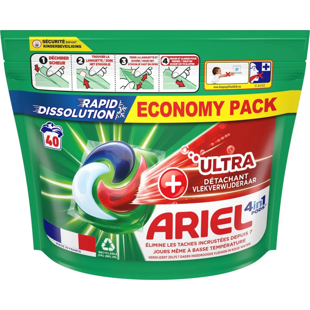 Outlet Ariel Pods+ Vloeibaar Wasmiddelcapsules + Ultra Vlekverwijderaar - 3 X 40 Wasbeurten - 120 Wasbeurten