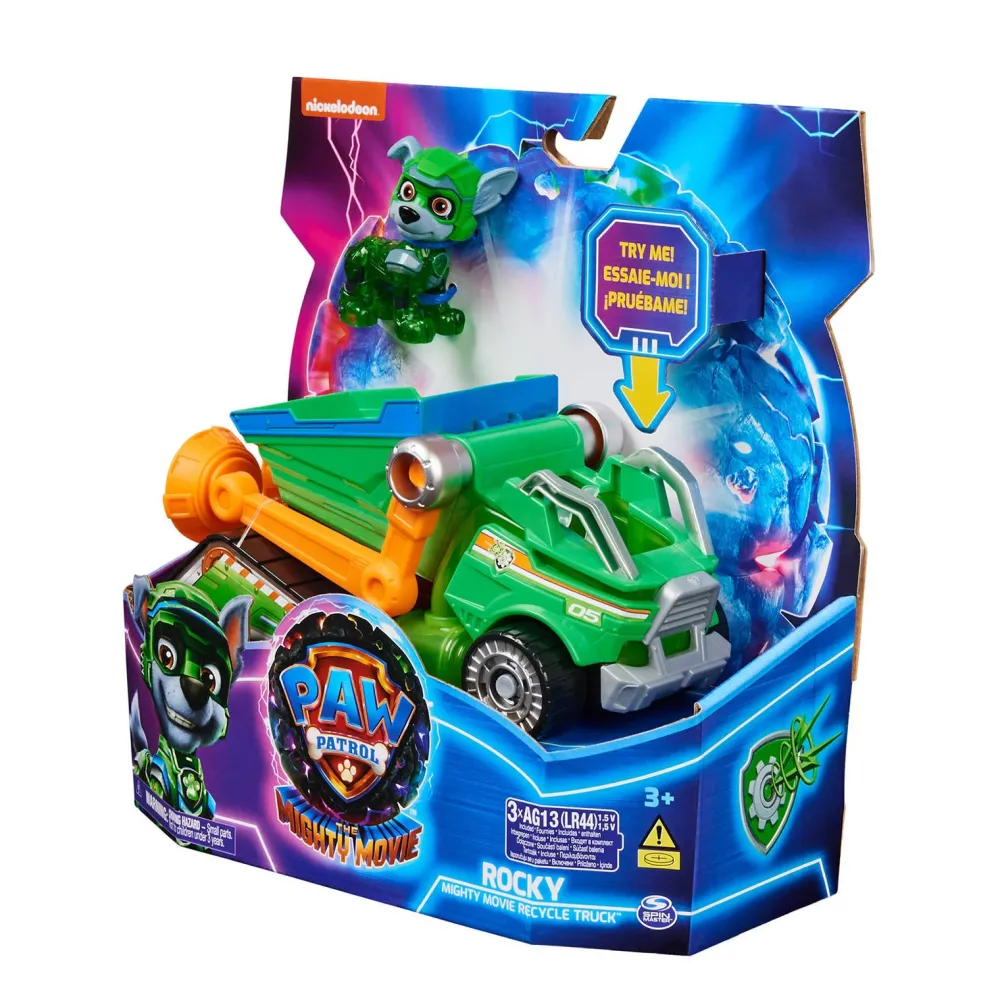 Paw Patrol The Mighty Movie Vuilniswagen Met Rocky Actiefiguur Licht En Geluid