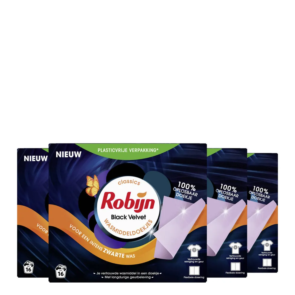 Robijn Classics Black Velvet Wasmiddeldoekjes - 4 X 16 Wasstrips - Voordeelverpakking - 64 Wasbeurten