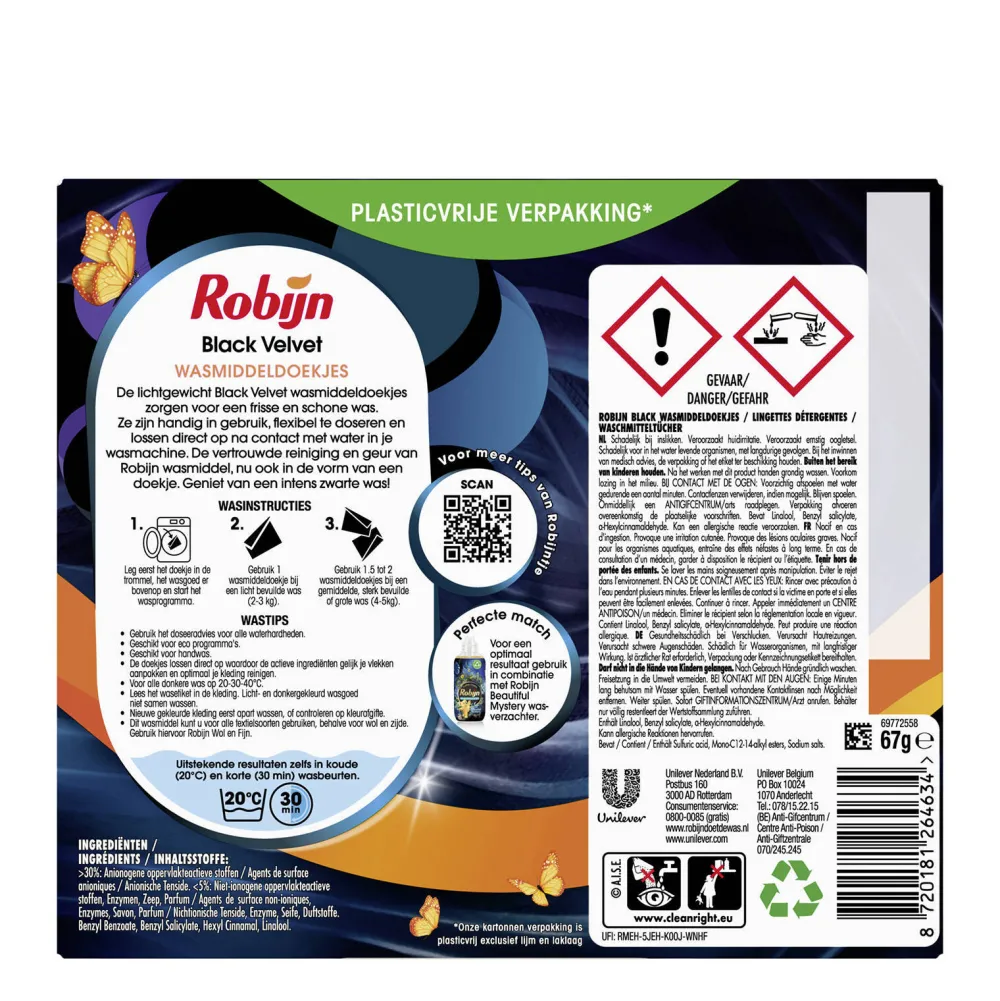 Robijn Classics Black Velvet Wasmiddeldoekjes - 4 X 16 Wasstrips - Voordeelverpakking - 64 Wasbeurten